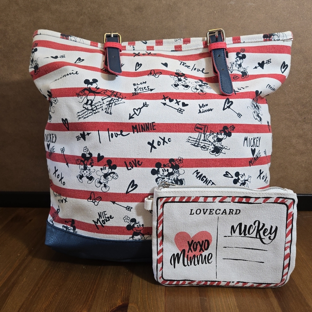 Disney Parks Mickey And Minnie Sweethearts Tote Bag With Love Letter Pouch